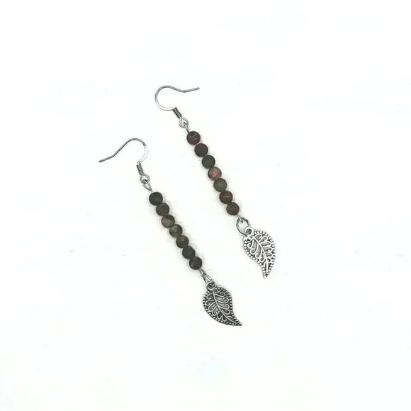 Artisan Jewelry - Handcrafted Leaf Earrings with Jasper Beads